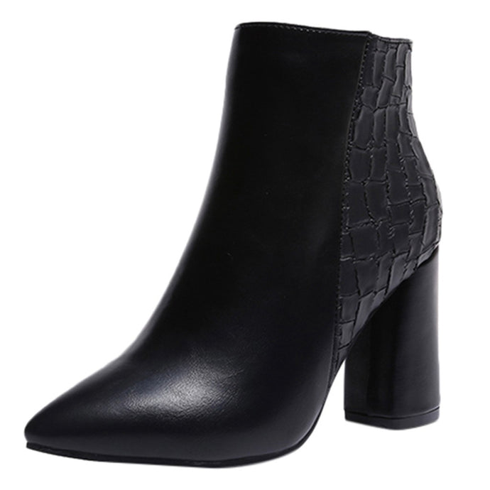 Women Fashion Retro Leather Solid Zip Super High Thick Boots Point Toe Shoes